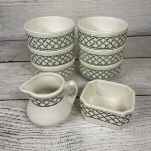 Buffalo China USA Green Yello Lattice Milk Pitcher With Butter Dish 6 Bo…